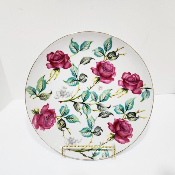 Vintage SAJI Japan Cake Plate – Large Round Porcelain Plate with Pink Roses, Gol - Picture 2 of 7